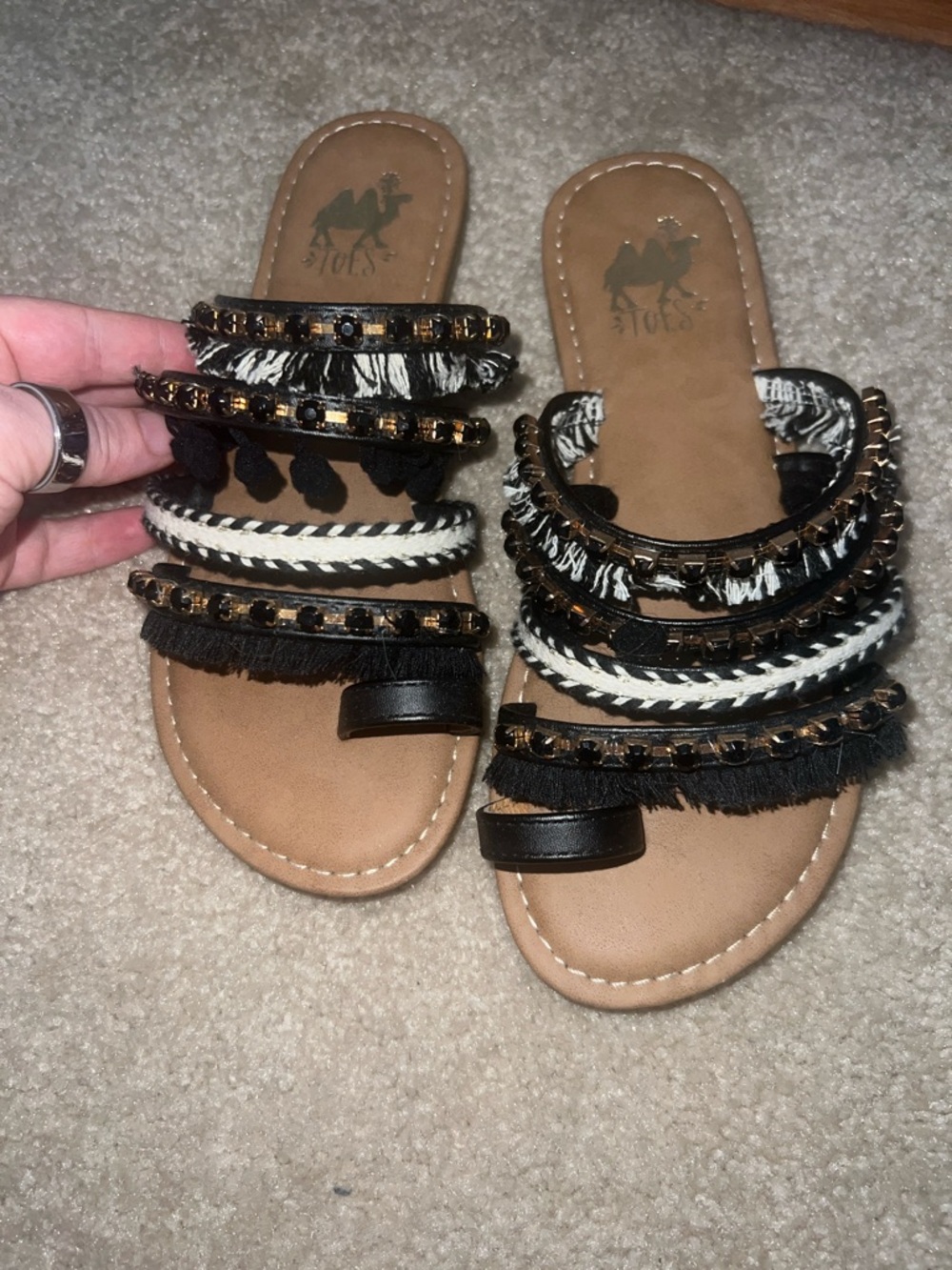 Boho Embellished Black & White Slide Sandals